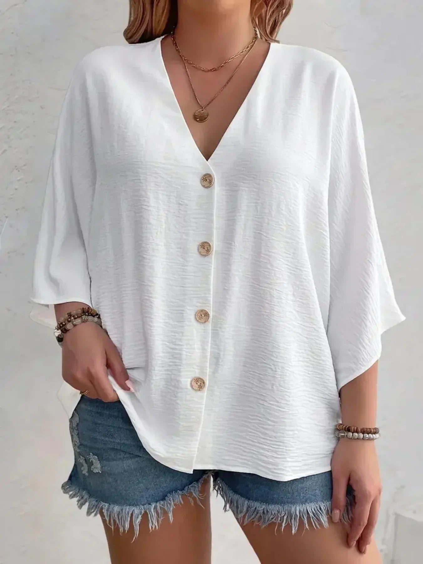 Women's Plus-size Shirt Solid Color Breathable  V-neck Button Casual Wear with European Style.  1X-5X