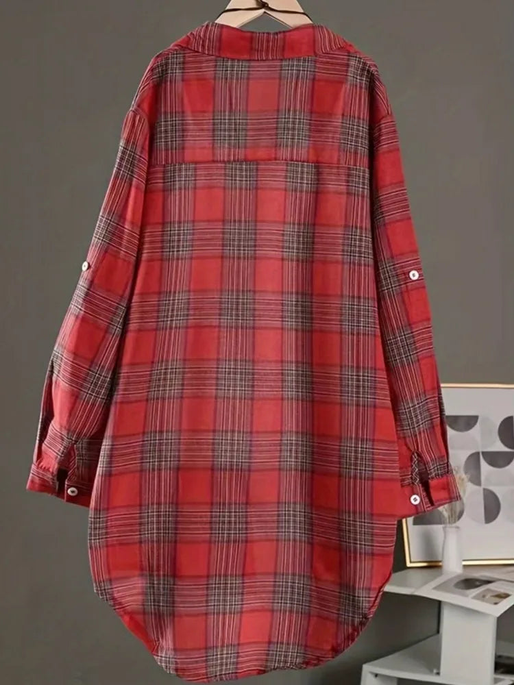 Curvy Women's Loose Fit Long Cotton and Linen Plaid Shirt