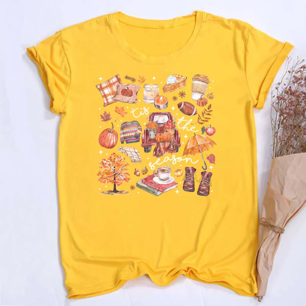 Women's Fall Shirt Pumpkin Season Short Sleeves Fashion Fall Harvest  Tshirt .  S-2X