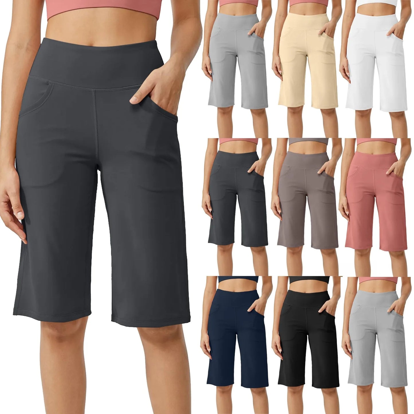 Women Elastic High Waist Casual Active Fit Wide Capri Leg Yoga Knee Length With Pockets.  S-3x