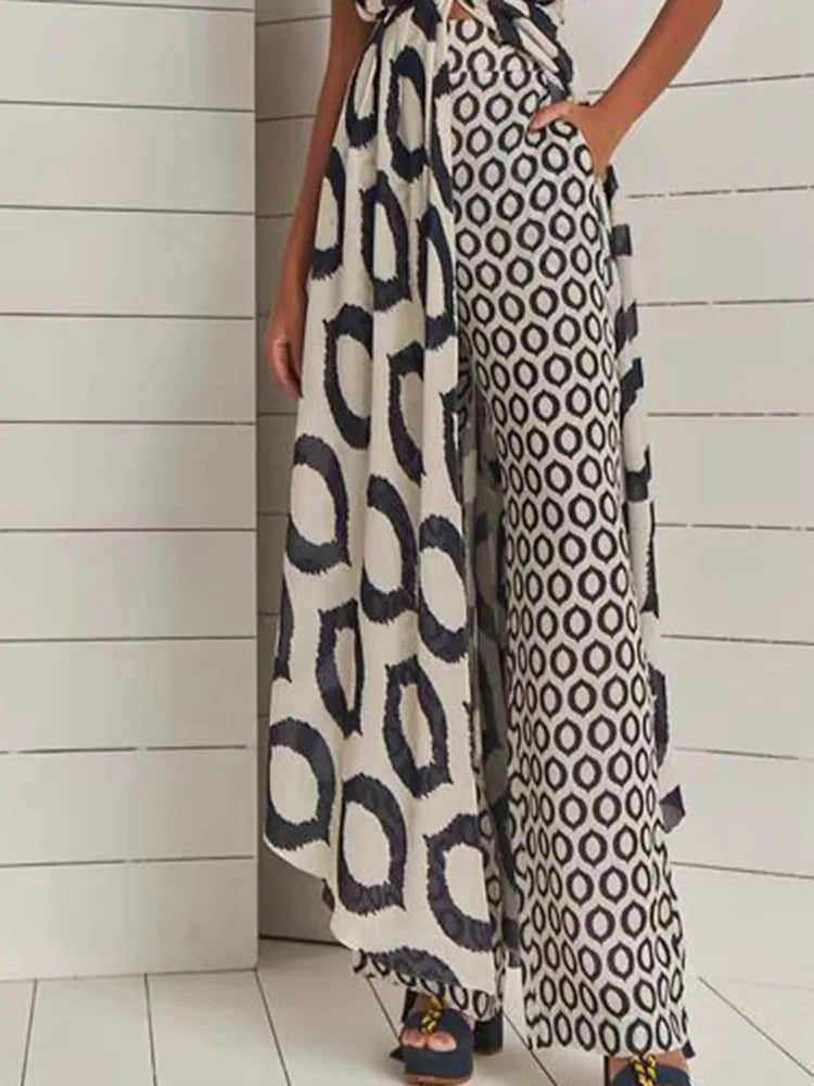 Boho Two-piece Women's Elegant Printed Sleeveless V-Neck Lace Loose Pants Suit