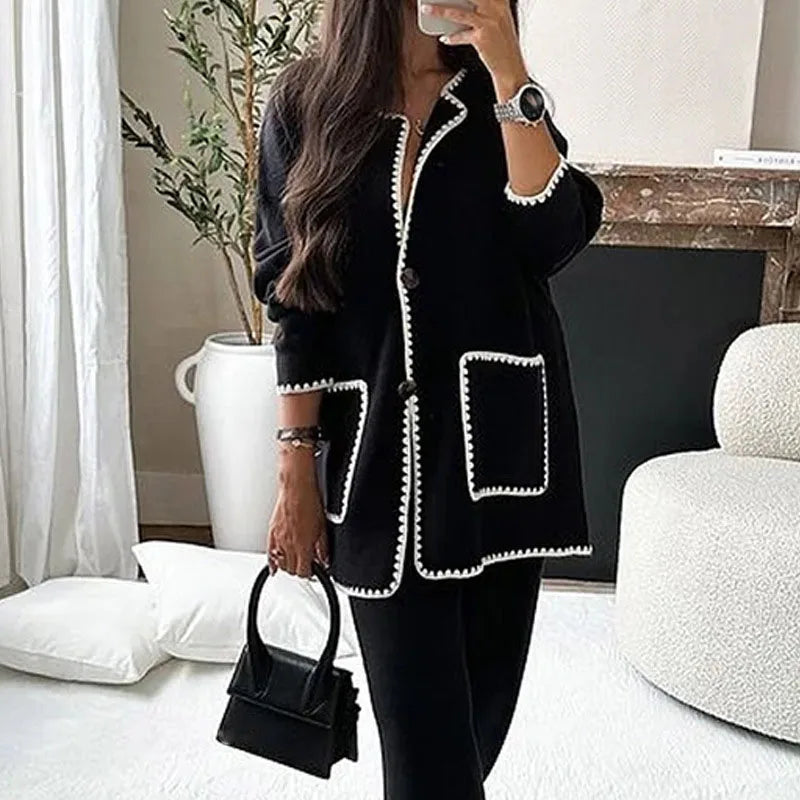 Ladies Two Pieces Long Sleeve Knit Pocket Single Breasted Cardigan And Pants Elegant Fashion Warm Comfortable set