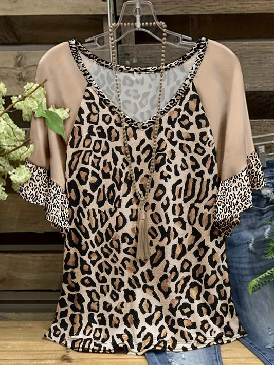 Plus size women's shirt casual fashion V-neck printed short-sleeved T