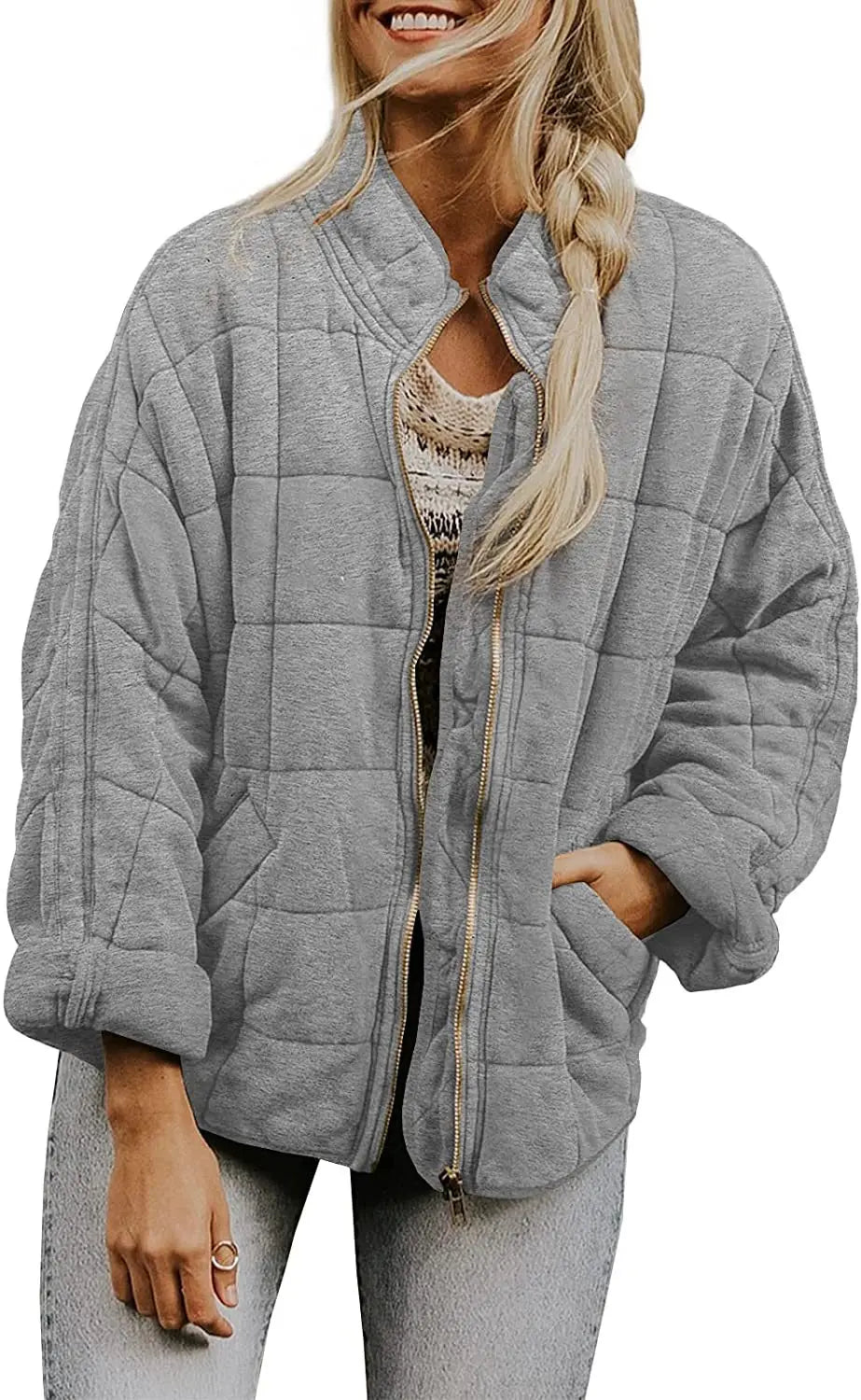 Solid Colour Stand-up Neck Cotton Jacket New Loose Pocket Long-sleeved.  S-2X