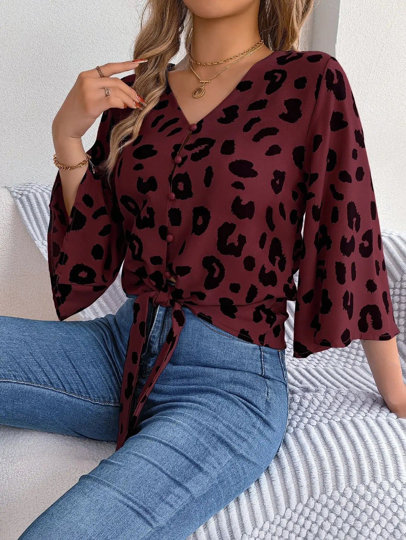 Casual Leopard Print Half Sleeve Top Button Shirt.  S-XL