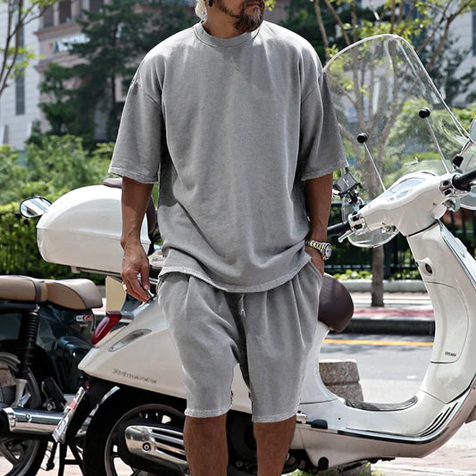 Men Summer Outfit 2 Piece Set Oversized Casual Sports Short Sleeve T-Shirt  Shorts Suit Solid Colour.   Sz; S-3X