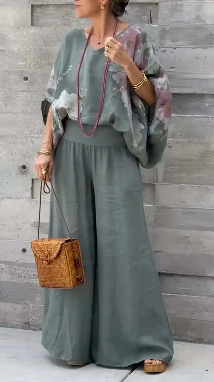 Casual Two Piece Women Spring and Summer Flower Print Short Sleeve Shirt Wide leg Trousers Fashion Suit.  S-3XL