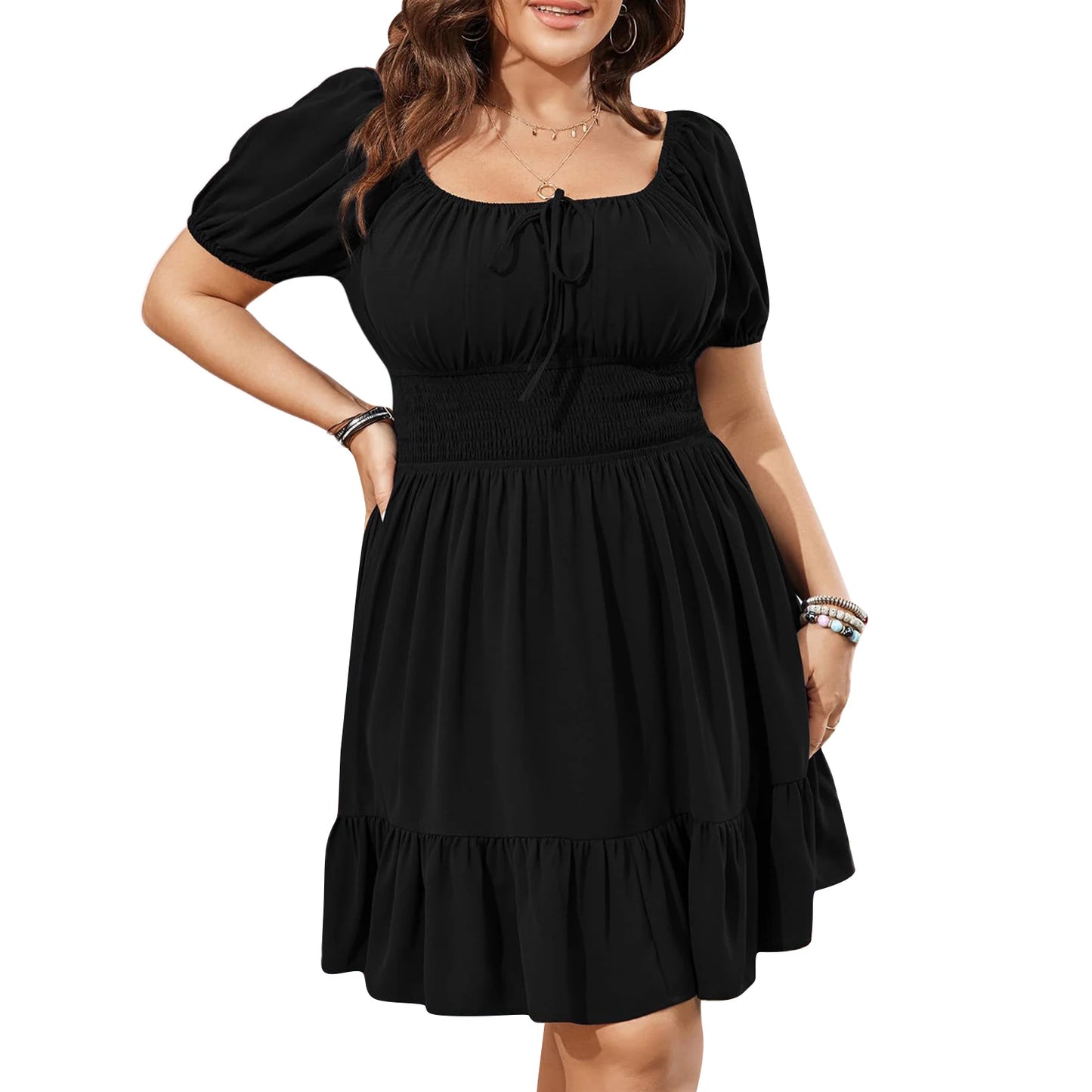 2025 New Women Plus Size Short Lantern Sleeve Scoop Neck Mini Dress Elastic High Waist Summer Ruffle Dress