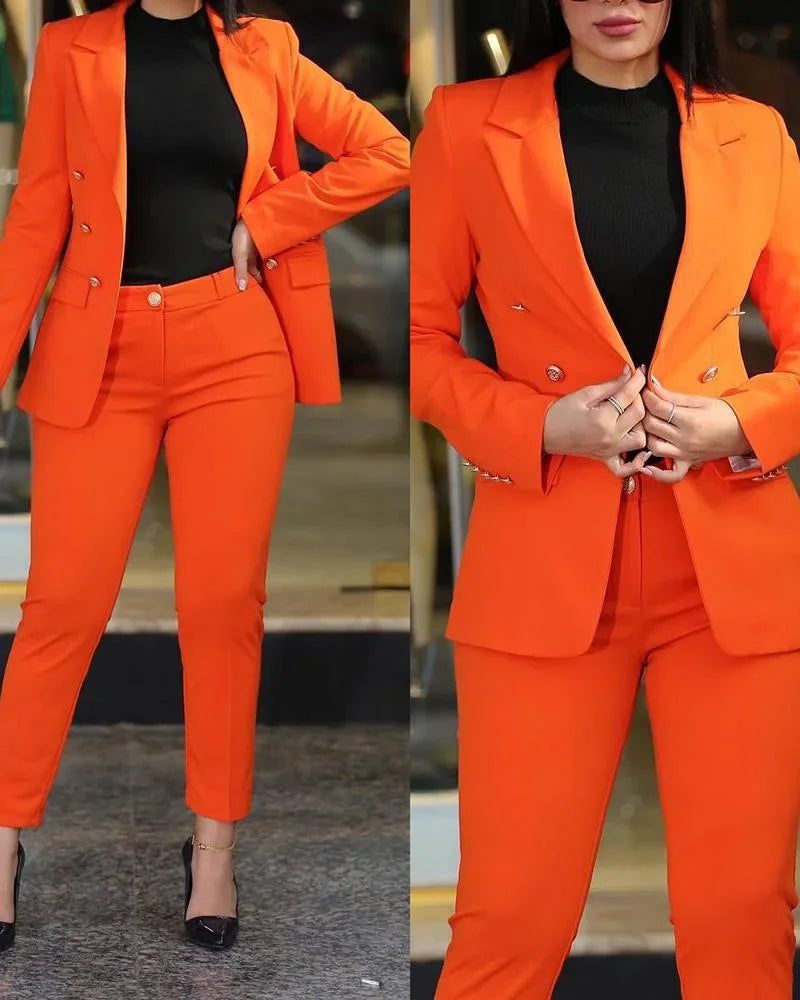 2pcs Women Clothing Set Long Sleeve Blazer Jacket & High Waist Pencil Pants Solid Colour