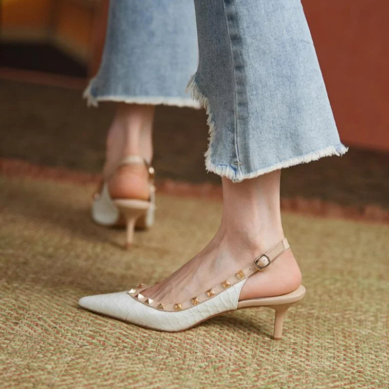 Sexy Women Sandals Rivets Pointed Toe Slingbacks Patent Leather Mid Heels Snakeskin Pattern Sandal