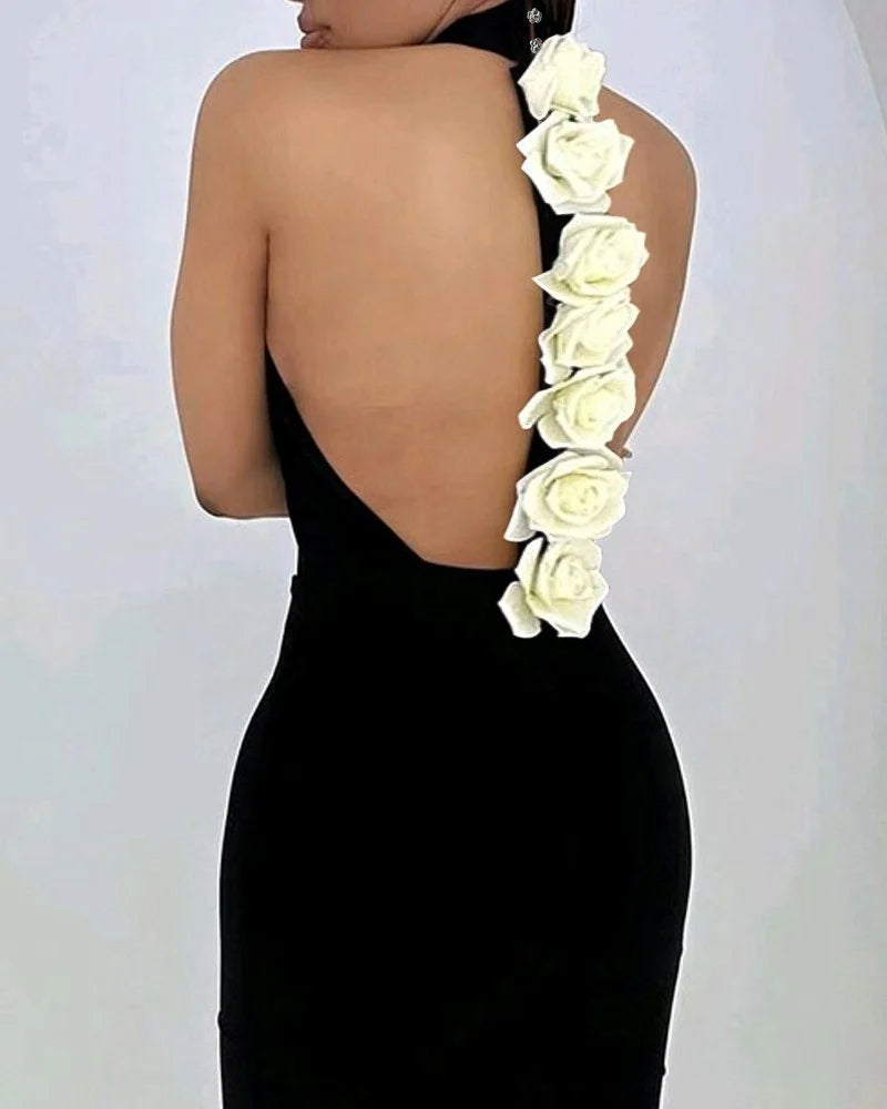 Elegant Rose Detail Women Sexy Mock Neck Sleeveless Backless Bodycon Evening Dress