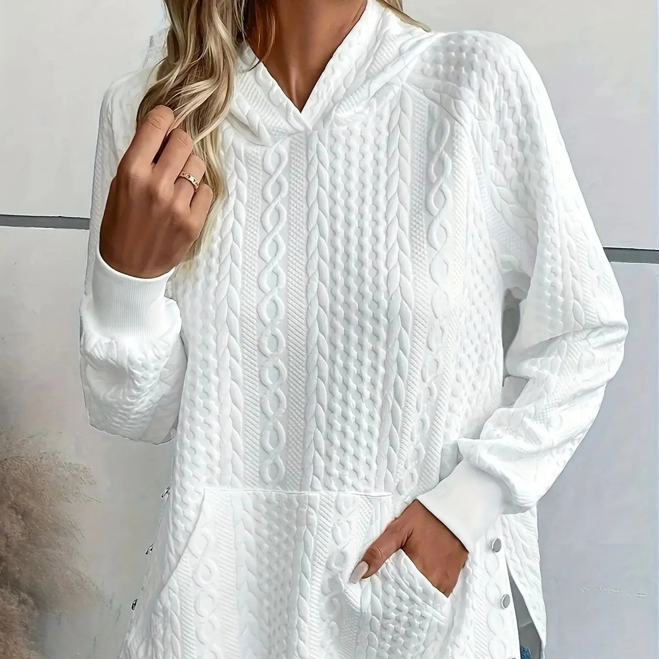 Plus Size Casual Sweatshirt, Women's Plus Solid Cable Long Sleeve Button Hoodie With Pockets