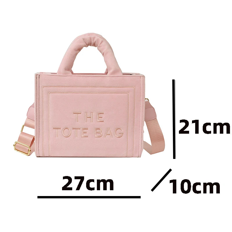 Women's Velour Tote Original Letter Print Square Stylish Soft Shoulder Bag