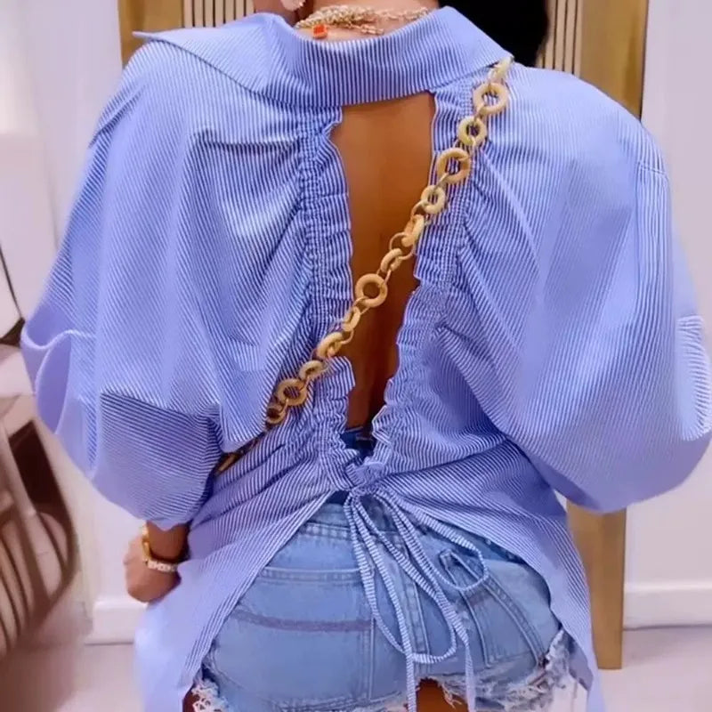 Spring Summer Women's Striped Back Hollow-out Split Drawstring Design Half Sleeves Loose Fit Shirt.