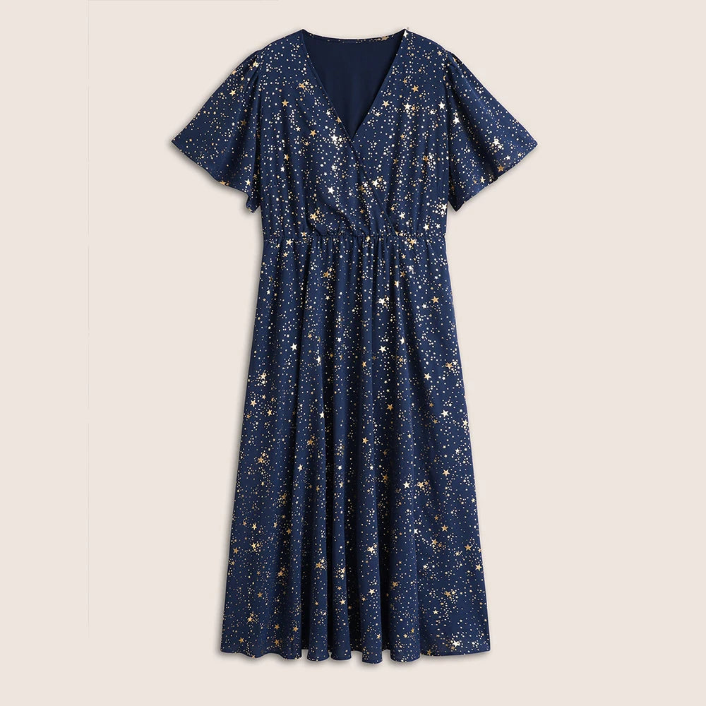 Plus Size Women's Printed V-Neck Split Maxi Dress Short Sleeve Party Cocktail Dress