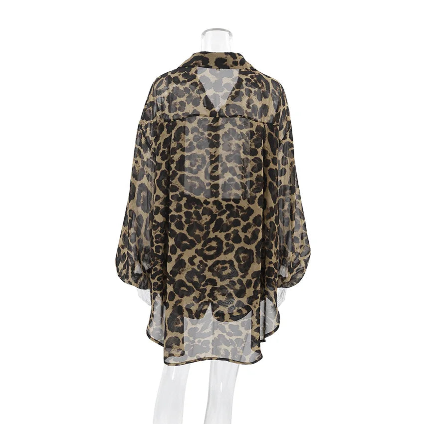 2 Pieces Elegant Puff Sleeve Button Shirt And Drawstring Short Set Fashion Brown Leopard . Print