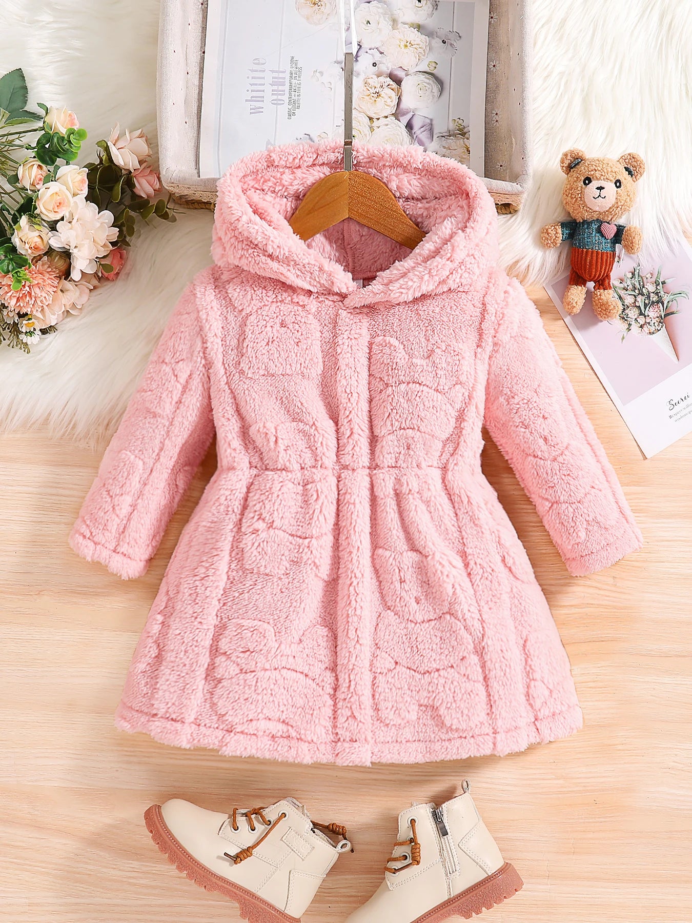 Girls spring and autumn children's fashion home casual warm pink velvet hooded coat 4-8Y1