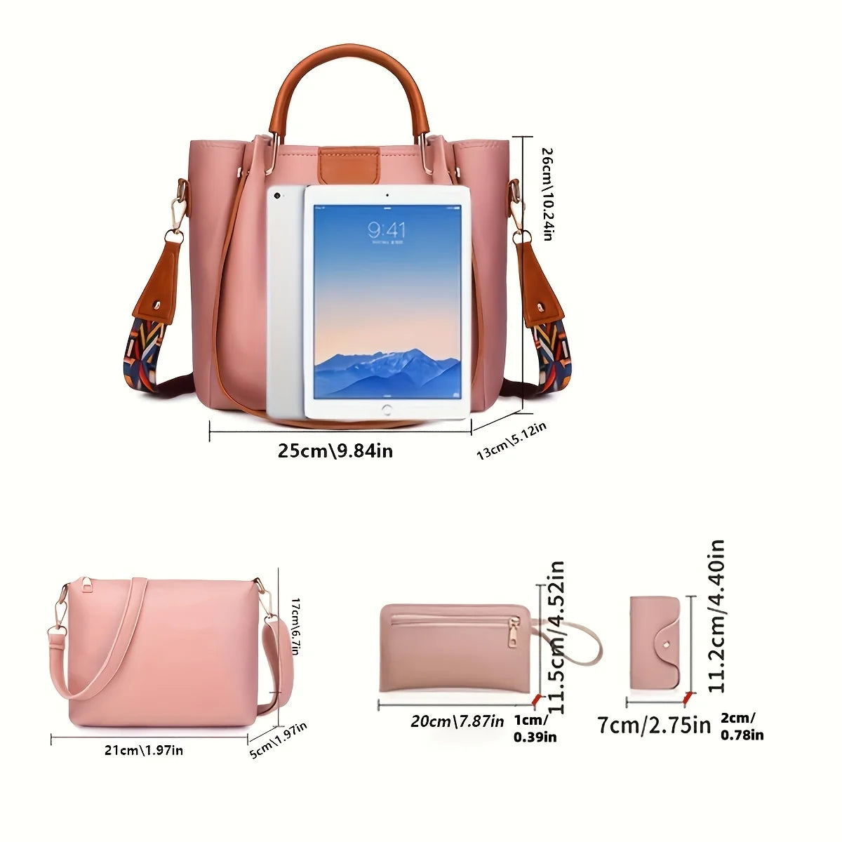 4pc Large Capacity Luxury Women's Shoulder Bag Fashion Coloured Ribbon Patchwork Tote Bag