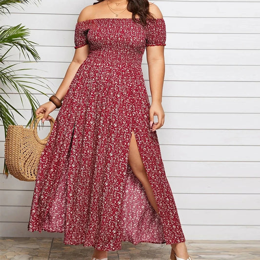 Summer Women's Boho Floral Print Off Shoulder Split Long Dress.