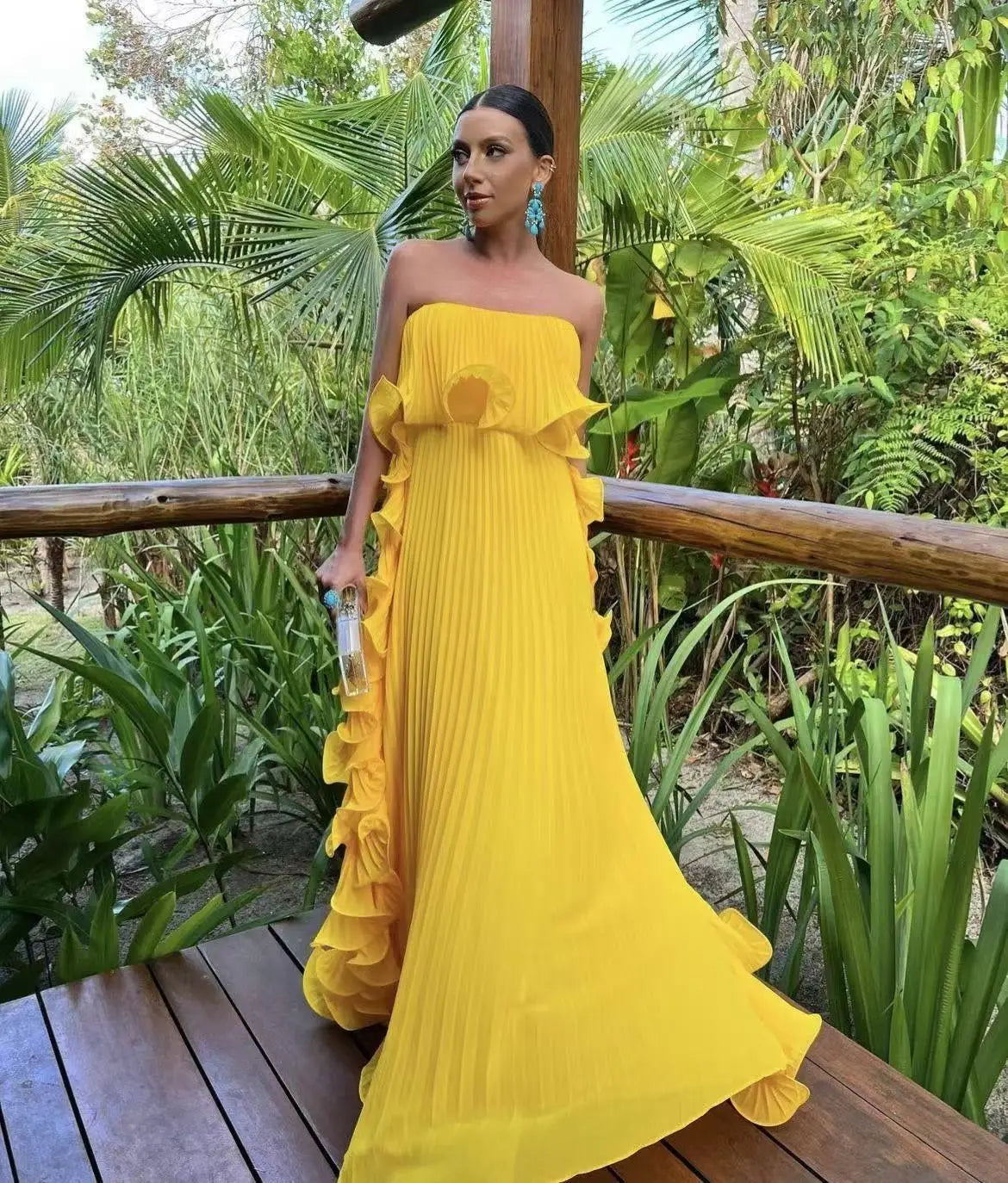 Trendy Women Summer Holiday Dress Pleated Chiffon Long Formal Dress ruffled Strapless Party Dress.  S-2X