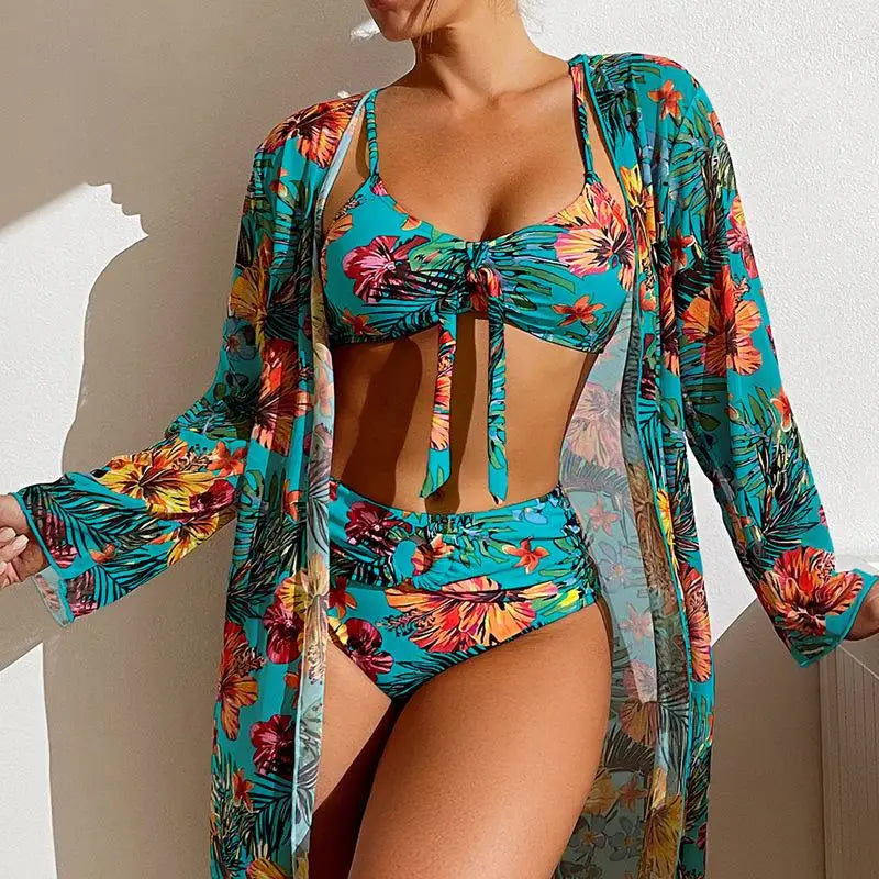 Three Piece Floral Printed Women's Bikini Set Wireless Bra with Pads Swimwear