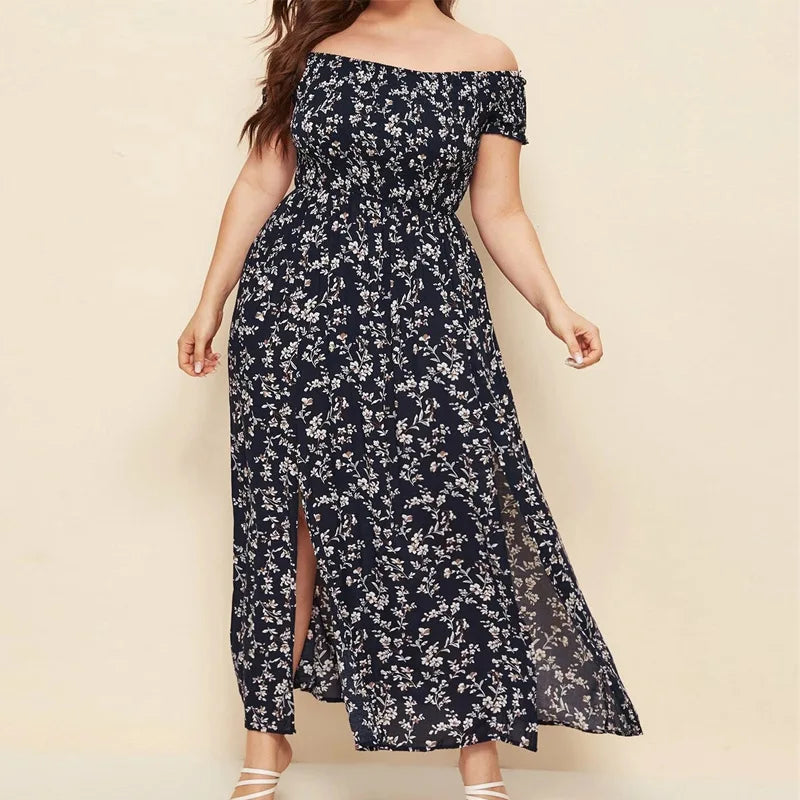 Summer Women's Boho Floral Print Off Shoulder Split Long Dress.
