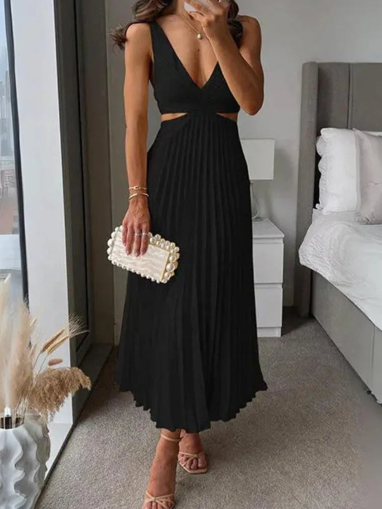 Elegant Long Summer V-neck Sleeveless Hollow Out Backless Sexy Dress .  S-xxL