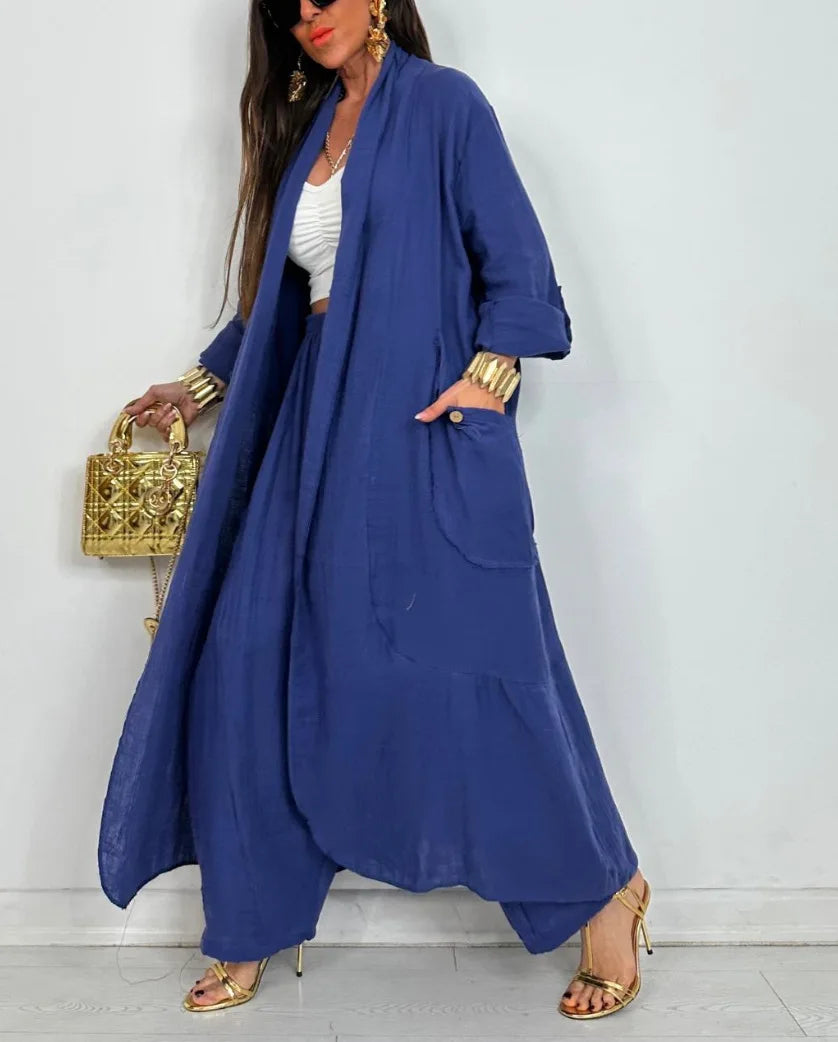 Women Solid Lazy Style 2-Piece Set Cardigan Long Sleeve Shirt+ Wide Leg Pant Suit Elegant two Piece.  S-3X