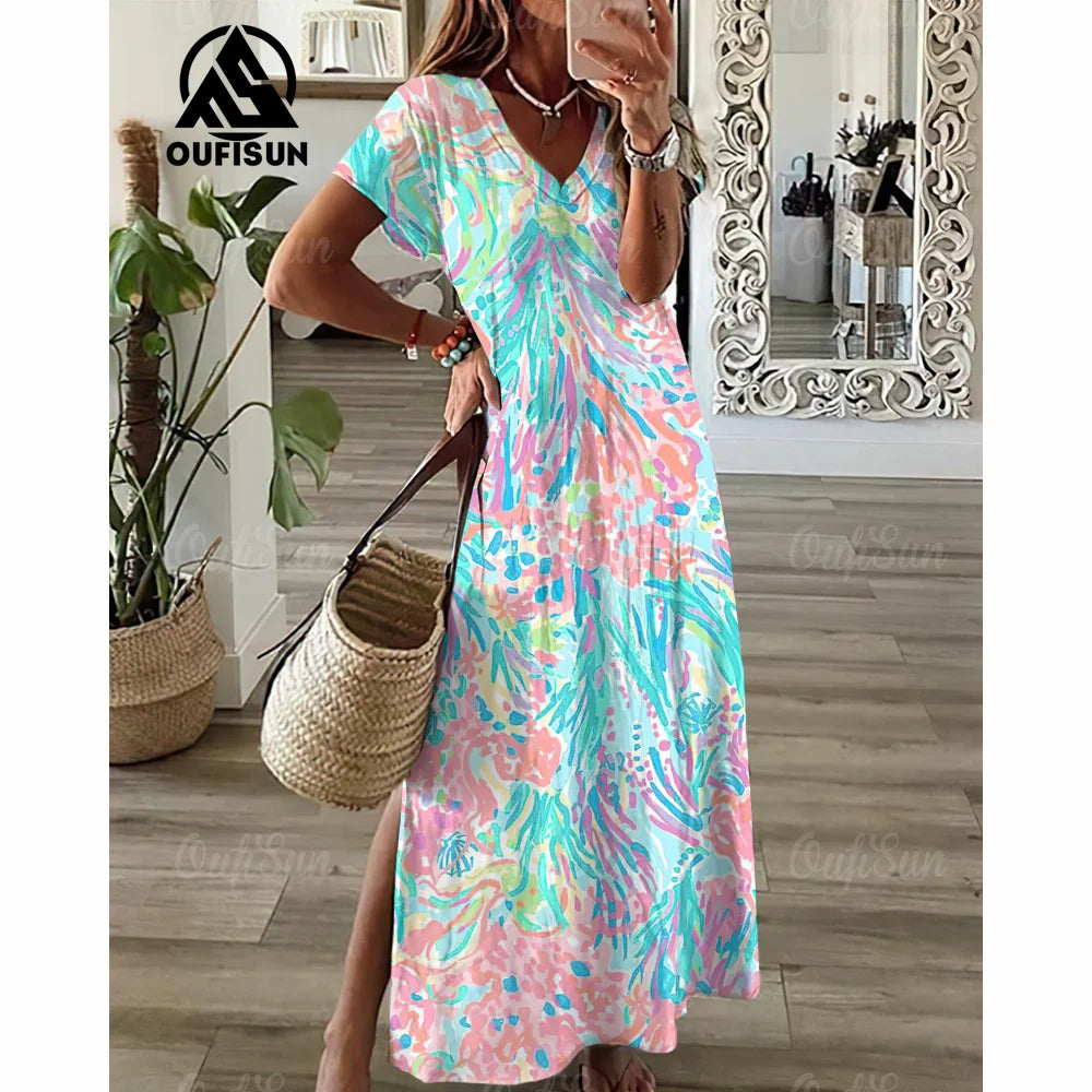Tie-Dye Long Dress V-Neck Print Dress Loose Fit Women Dress.  S-3X