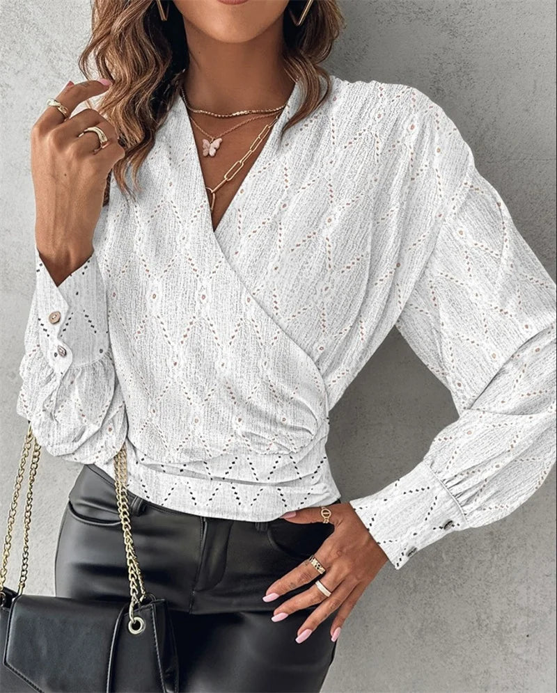 Sexy V Neck Long Sleeve Summer Fashion Elegant Blouse.  S-2X