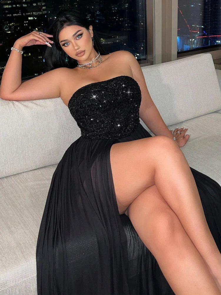 Plus Size Fashion Sexy Sheath Sequins Mesh Slit Elegant 2025 Summer New Cocktail Dress