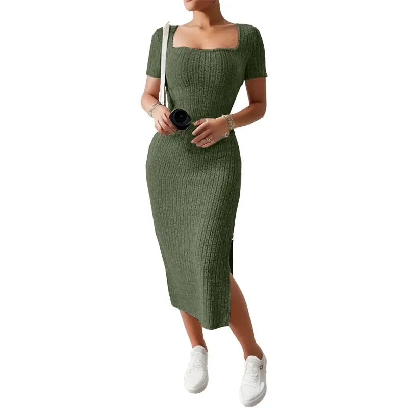 Ladies Square Neck, Hip-Hugging Mid-Length Dress Short-Sleeved, Versatile Knitted Slit Dress