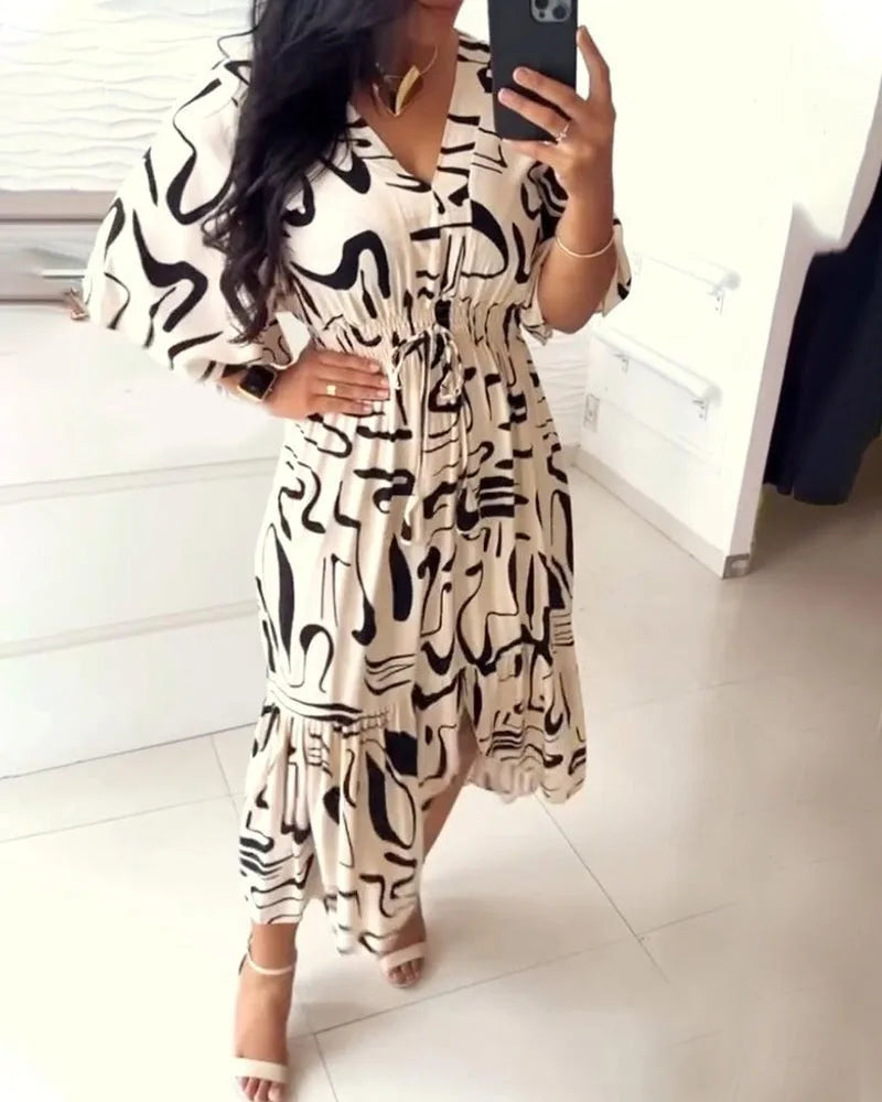 Long Dress Printed Elegant Women Elastic Waist Casual Half Sleeve A-line Dress.  S-3X