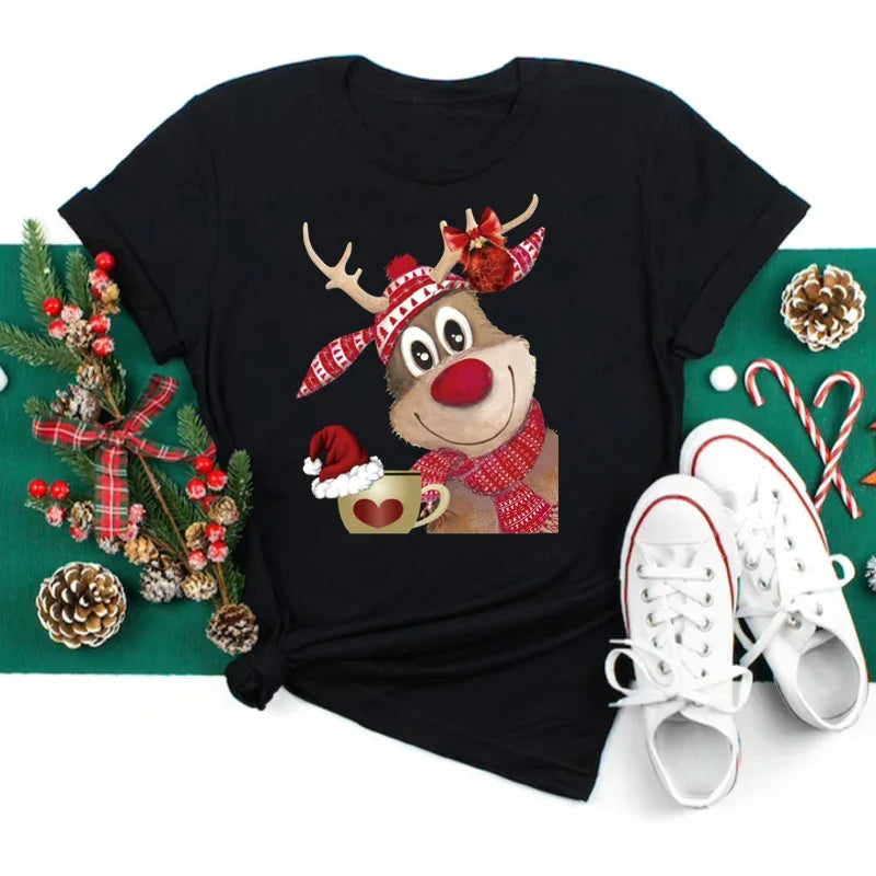 Women's Kawaii Christmas Top - Santa Claus & Deer O-Neck Y2K T-Shirt.  S-3X