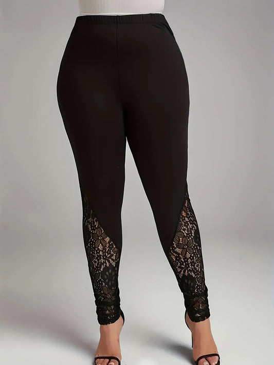 Plus size  Women's leggings with lace patchwork and contrasting hollow out design, slim fit and slimming pants.  L-8x