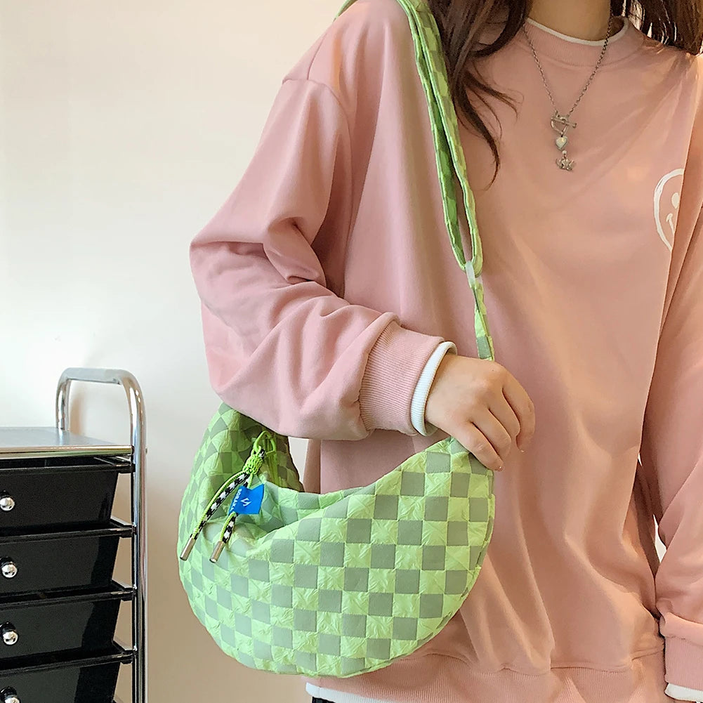 Plaid Women Messenger Bag Fashion Half Moon Crescent Casual Simple Lightweight Large Capacity