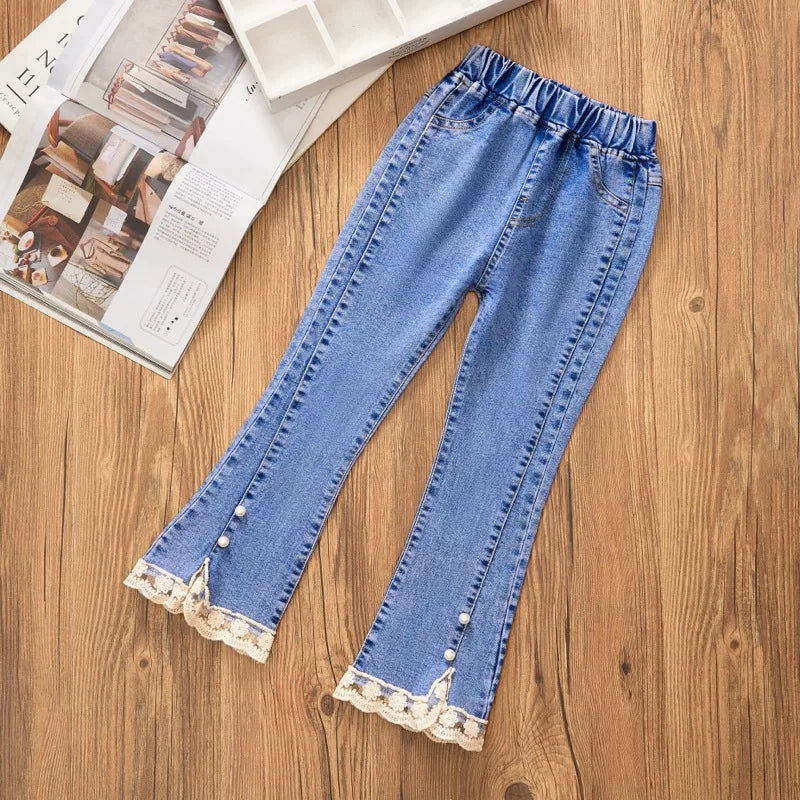 Girls' Jeans Spring and Autumn New Casual 3-12 Year Old Children's Loose Flare Pants Lace Pearl Girls' Denim Pants