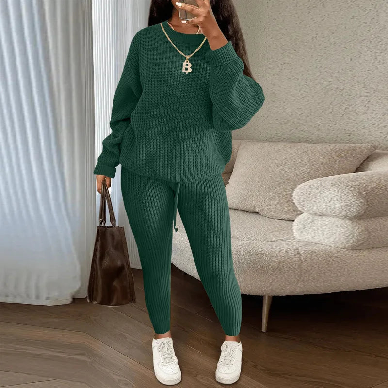 Two Piece Women Autumn Fashion Casual Solid Round Neck Pullover Loose Pit Knitted Sweater Pants Suit.  S-3XL