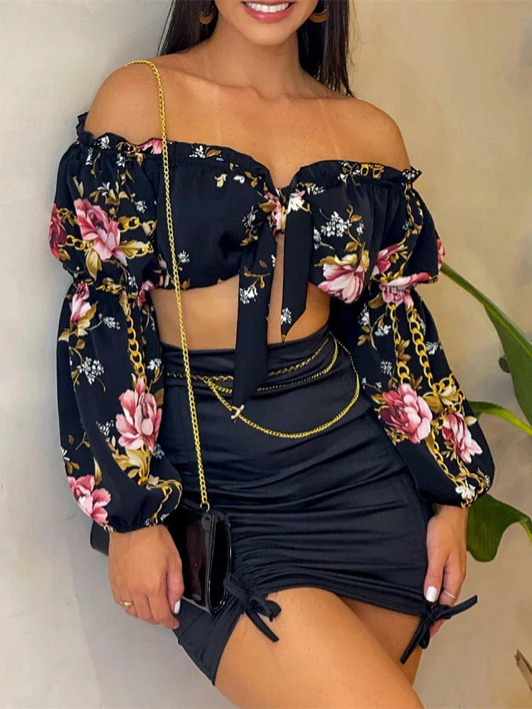 Summer Sexy Two Piece Set Women Chic Slash Collar Lantern Sleeves Crop Top & Solid Pattern Bodycon Skirt Set.