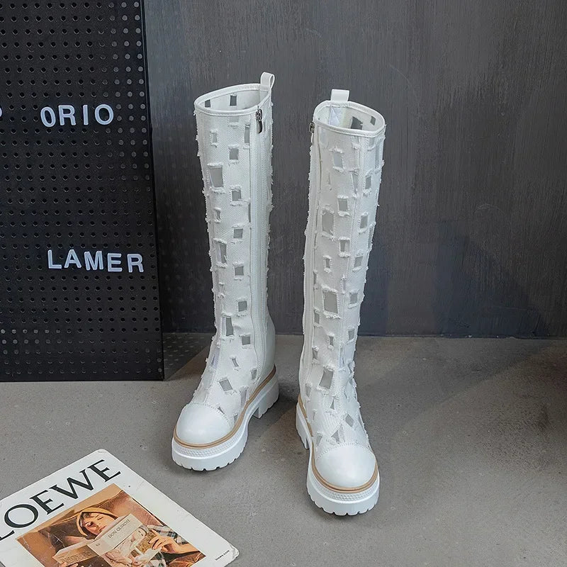 Trendy Boots for Women Summer Denim Canvas Thick Soled Breathable Hollow Mesh Inner Heightening