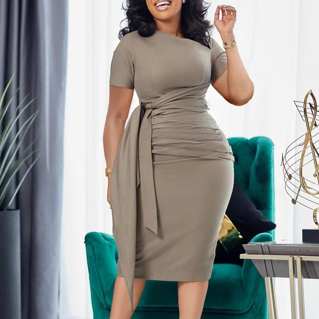 Women Summer Short Sleeve Fashionable Pleated Elegant Band Collar Dress Trendy Pure Polyester Fabric.  S-xxxL
