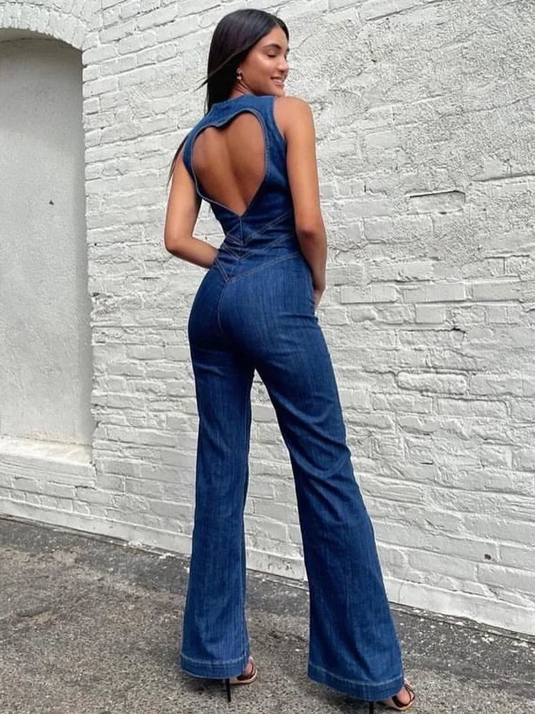 Backless Heart Cutout Bodycon Jumpsuit For Women Casual Sleeveless Slim One-Piece Retro Denim Jumpsuits New 2025
