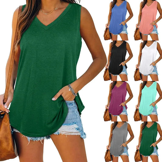 Ladies Tank Top V Neck Basic Solid Colour Casual Flowy Tank.  S-2X