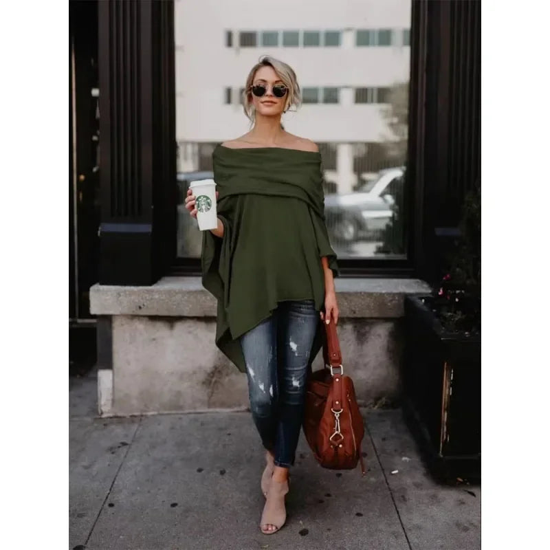 2025 New European Popular Off Shoulder Women's Spring And Autumn Loose Irregular Hem.  xS-3x