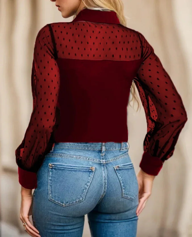 Plus Size Dot Mesh Blouse, Elegant Collared Long Sleeve Top.
