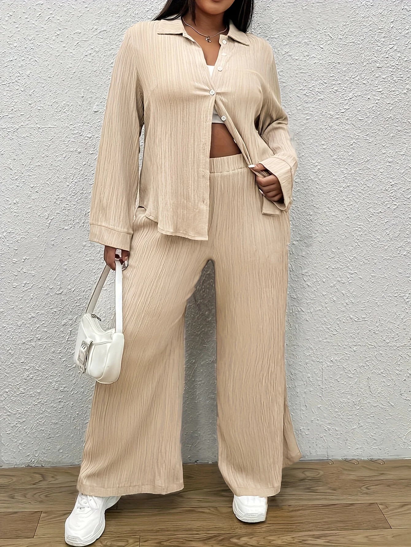 Plus size solid colour casual pant set button front long sleeve shirt and pants perfect for spring