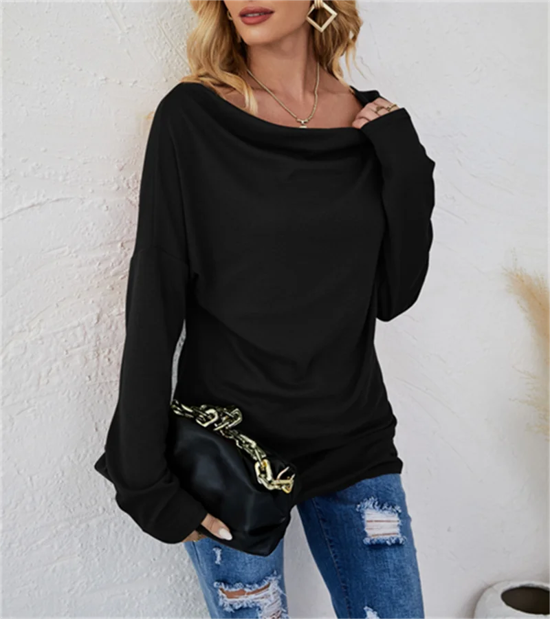 European women's long-sleeved fashion solid colour loose round-necked shirt.  S-2X