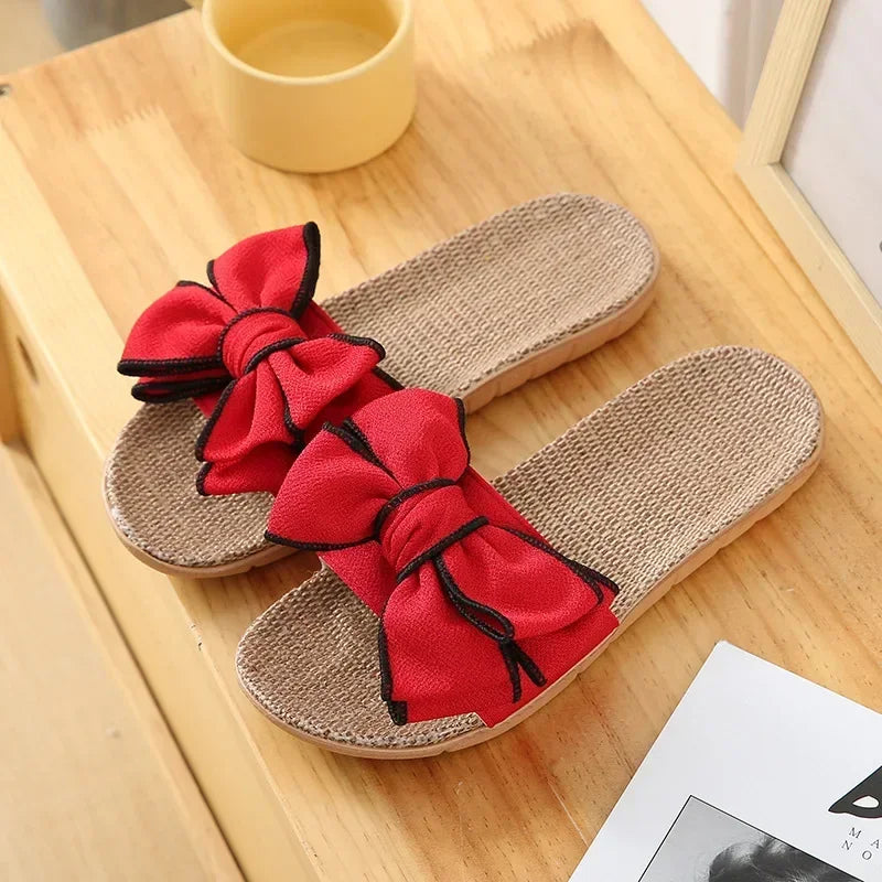 Women Summer Casual  High Quality Breathable Slides Comfortable Flax Slippers Striped Bow Linen Flip Flops.