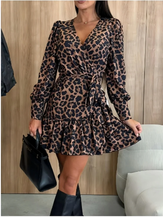 Women's Leopard Print V-Neck Long Sleeved Sexy Elegant Mini Dress.  S-xxL