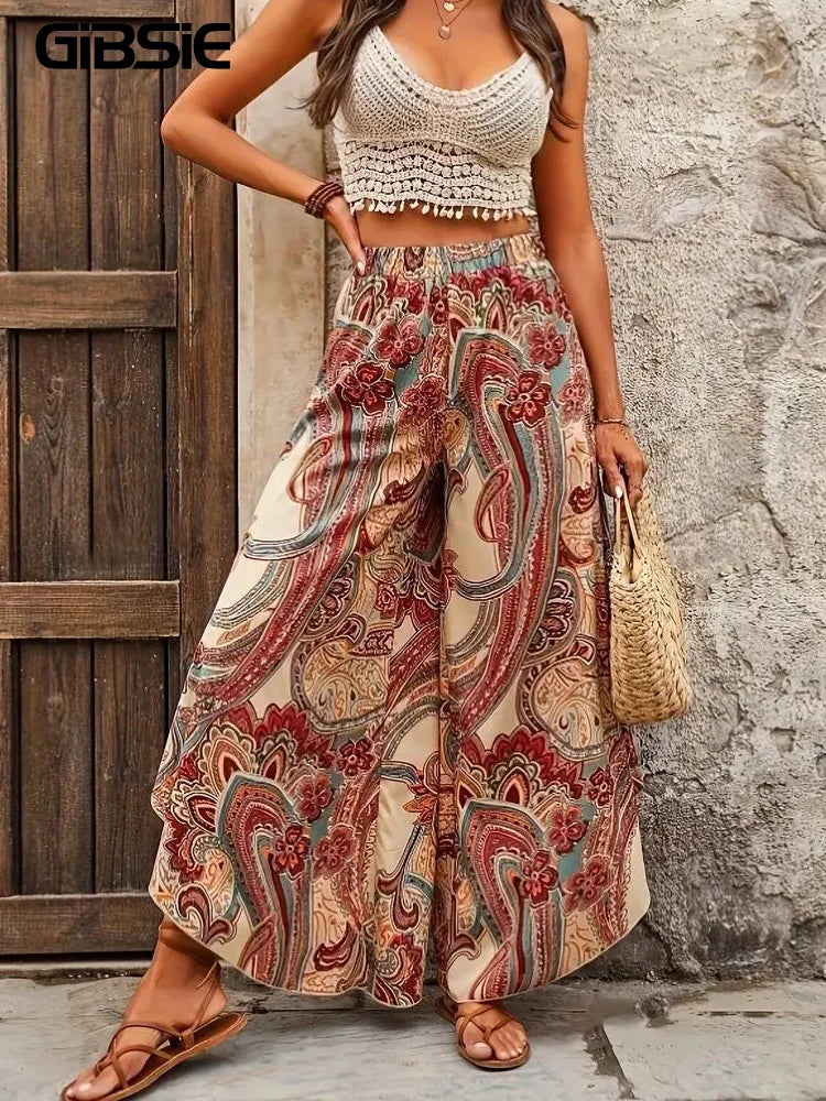 Plus Size Bohemian Paisley Print Women Pants Summer, Beach, Vacation Elastic Waist Casual Wide Leg Trousers